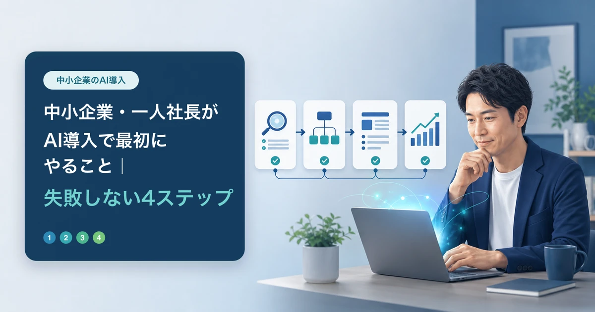 AI導入の4ステップを確認しながらノートパソコンで業務を整理する一人社長